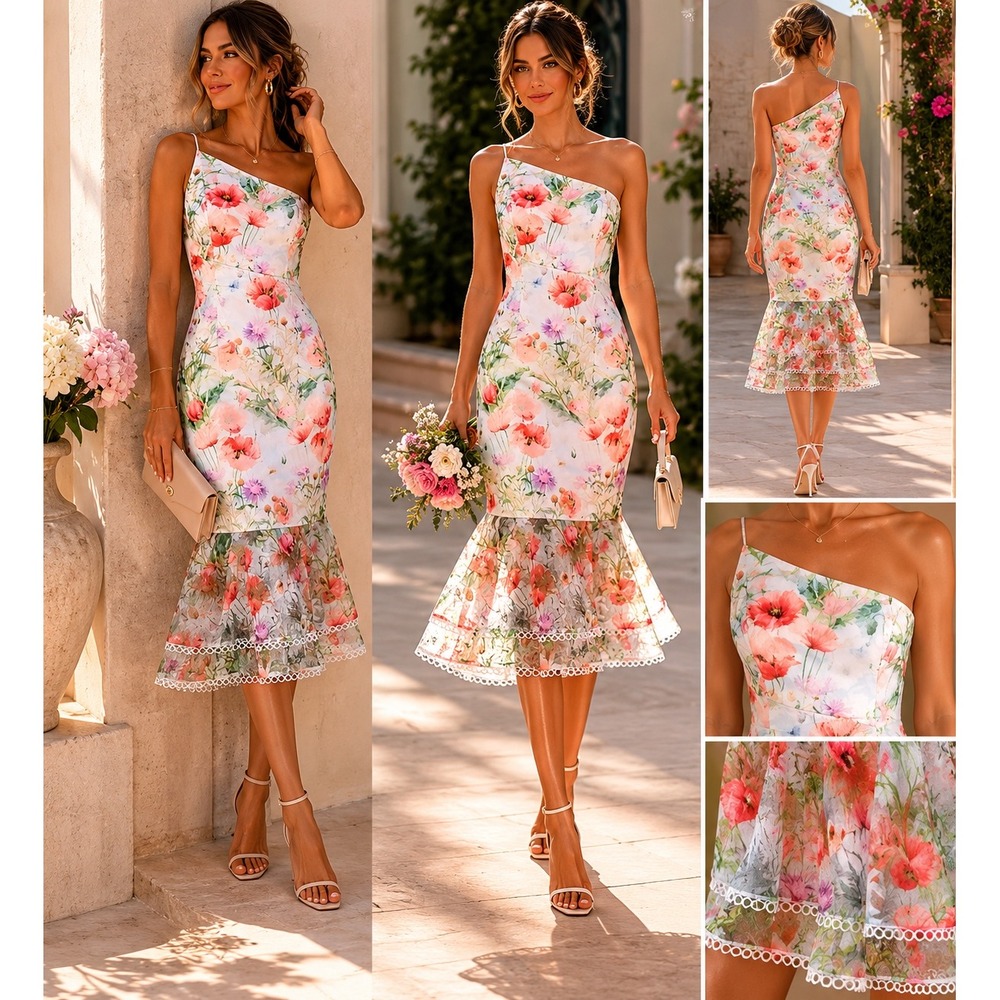 Liv Foster Floral One Shoulder Midi Dress Sz 2 NWT Embroidered Ruffle Hem Garden